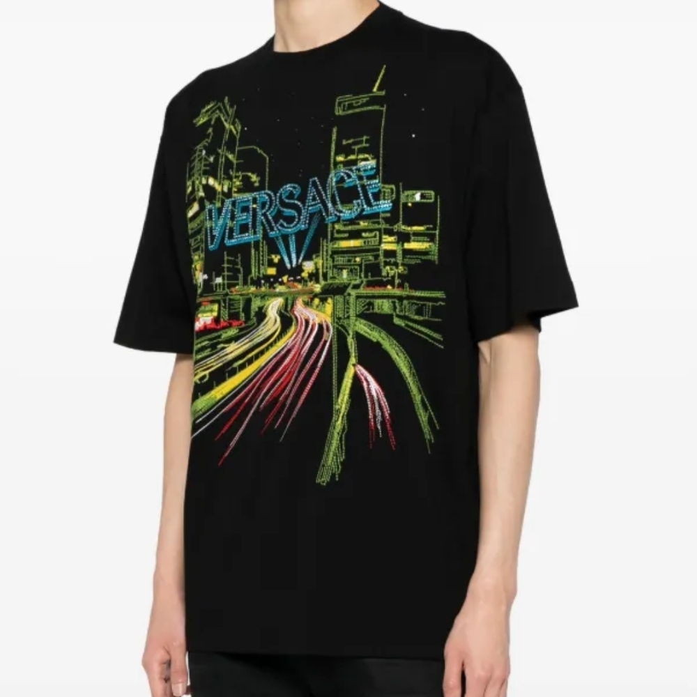 100% AUTHENTIC VERSACE CITY LIGHTS T-SHIRT BLACK MULTICOLOR SIZE SMALL BNWT!